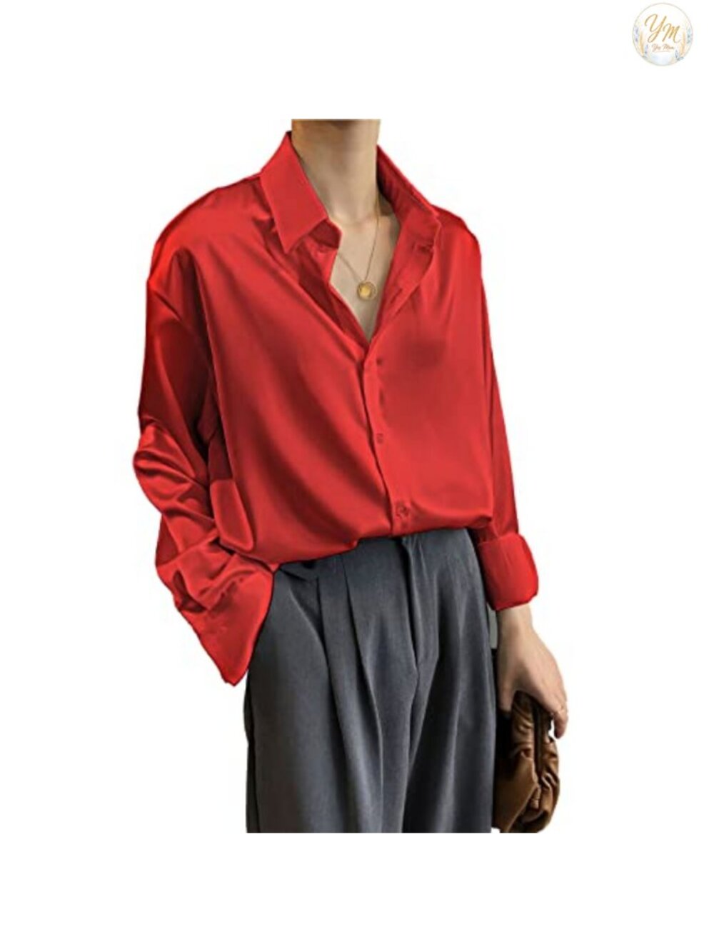 Satin Silk Button Down Long Sleeve Blouse Ruffle Hem Office Top